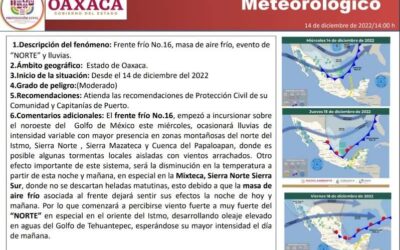 Generará Frente Frío 16 evento de norte y lluvias en Oaxaca: Protección Civil Estatal