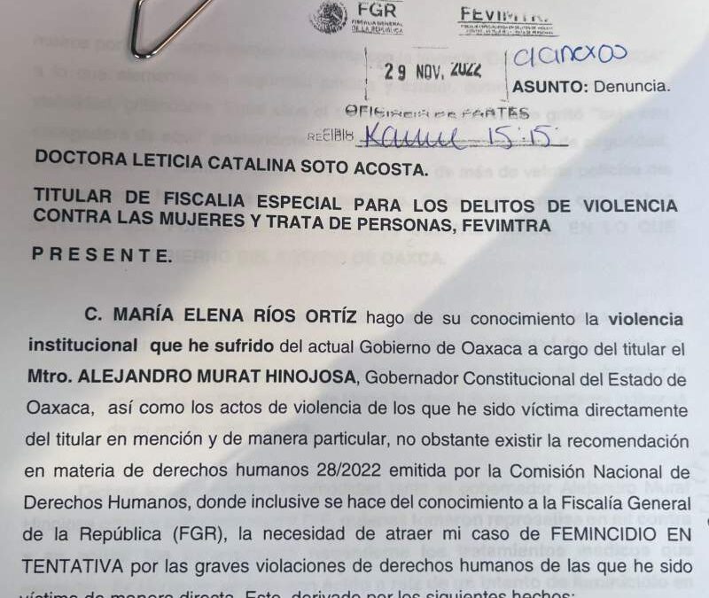 María Elena Ríos interpone denuncia contra ex gobernador Alejandro Murat