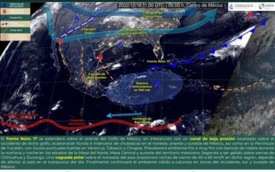 Pronóstico del tiempo para México: Frente frío 17, ocasionará lluvias en el Noreste, Oriente y Sureste del País