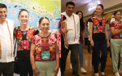 Claudia Sheinbaum a su llegada a Huatulco, es recibida por Salomón Jara Cruz