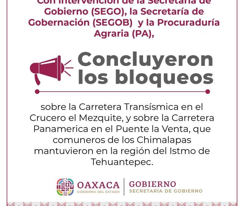 Habitantes de Santa María Chimalapas, acordaron liberar los tramos carreteros que mantenían cerrados en el Istmo de Tehuantepec.