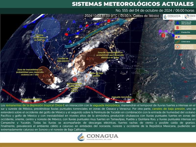 Remanentes de depresión tropical Once-E mantendrán temporal de lluvias en Oaxaca