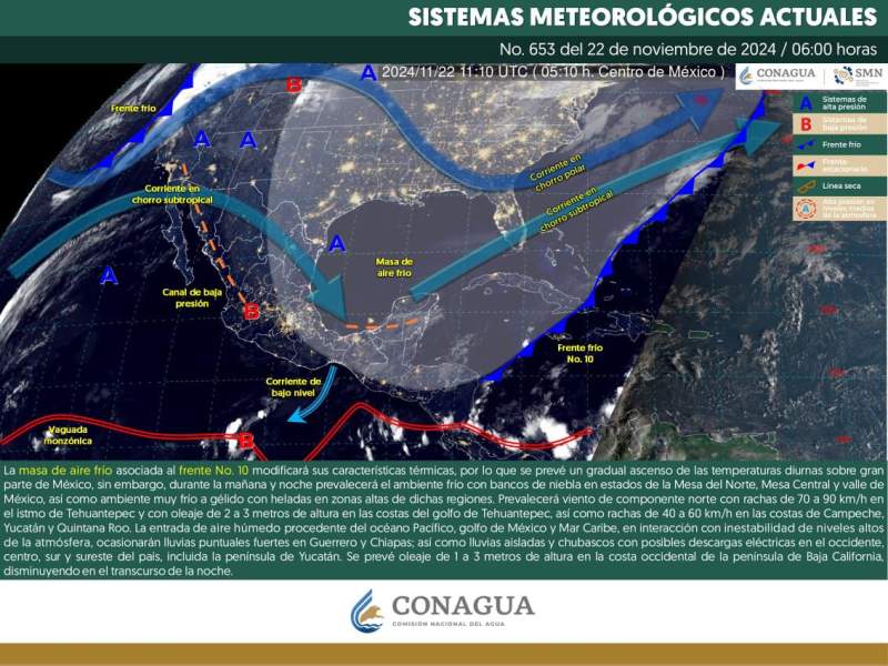 Frente frío número 10 mantendrá evento norte en la región del Istmo