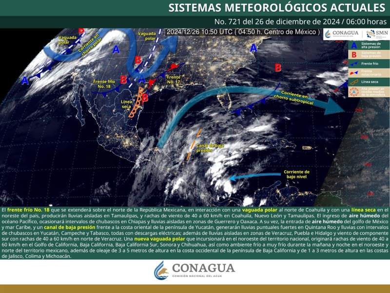 De esta manera, continuarán los vientos del norte con ocasionales rachas en el oriente del Istmo de Tehuantepec, además de nublados medios y lloviznas aisladas.