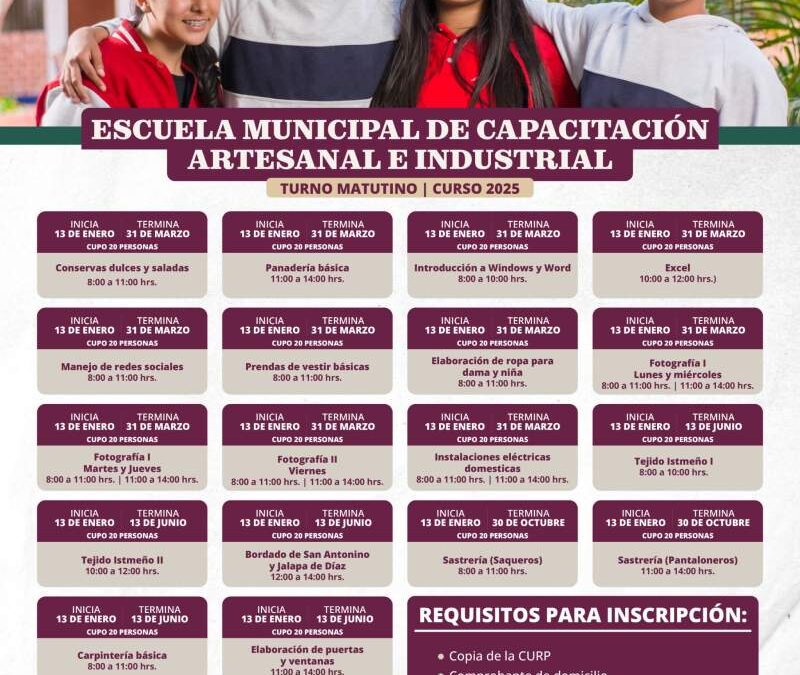 Inician cursos en la Escuela Municipal de Capacitación Artesanal e Industrial.