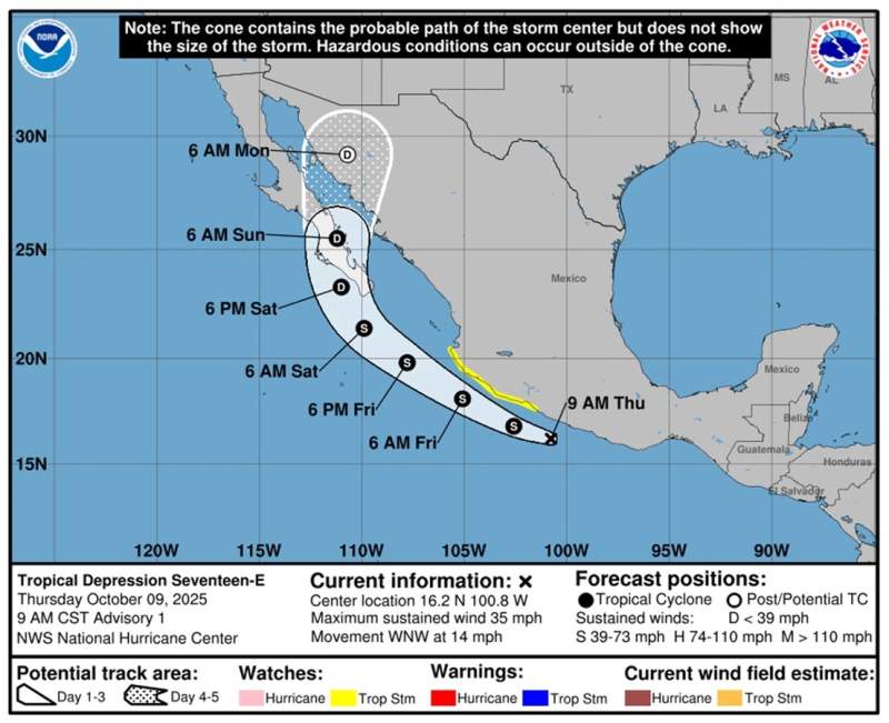 Alerta CEPCyGR por depresión tropical Diecisiete-E en el Océano Pacífico
