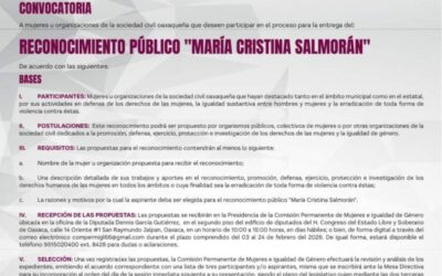 Congreso de Oaxaca invita a participar por el Reconocimiento Público “María Cristina Salmorán” 2026