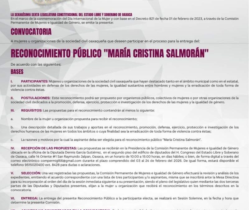 Congreso de Oaxaca invita a participar por el Reconocimiento Público “María Cristina Salmorán” 2026