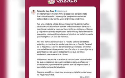 Gobierno de Oaxaca condena asesinato del periodista Francisco Alejandro Leyva Aguilar y pide investigación conjunta con la FGR